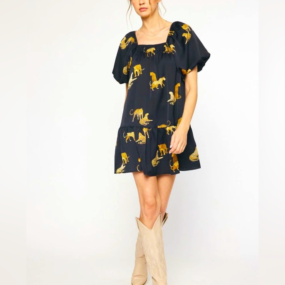 Square Neck Black Leopard Dress